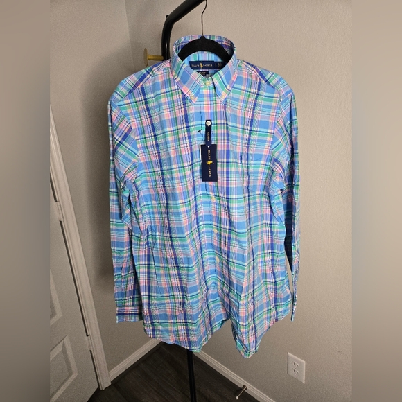 Ralph Lauren Men's Blue and White Checkered Shirt, Long Sleeve - Picture 2 of 2